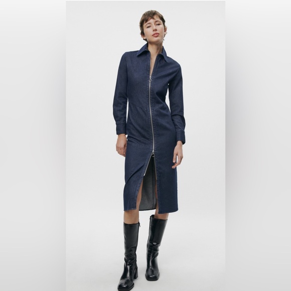 ZARA Zip Up The Minimal Denim Dress size small - Picture 2 of 11
